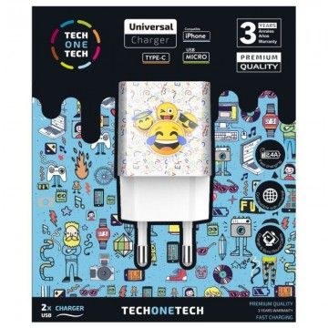 Carregador de parede Tech One Tech Emojitech Smile TEC2502/ 2xUSB/ 2.4A/ Branco TECH ONE TECH - 1