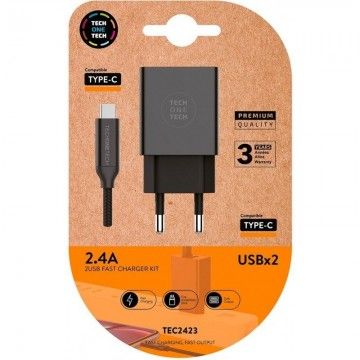 Carregador de parede Tech One Tech TEC2423/ 2xUSB + cabo USB tipo C/ 2.4A/Preto TECH ONE TECH - 1