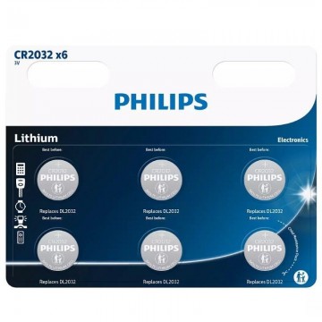 Pacote com 6 baterias tipo botão Philips CR2032/3V PHILIPS - 1