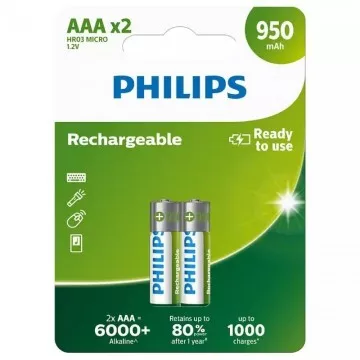 Pacote com 2 pilhas AAA Philips R03B2A95/10/ 1,2 V/ recarregáveis PHILIPS - 1