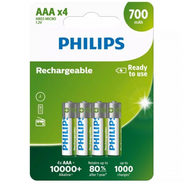 Pacote com 4 pilhas AAA Philips R03B4A70/10/ 1,2 V/ recarregáveis PHILIPS - 1