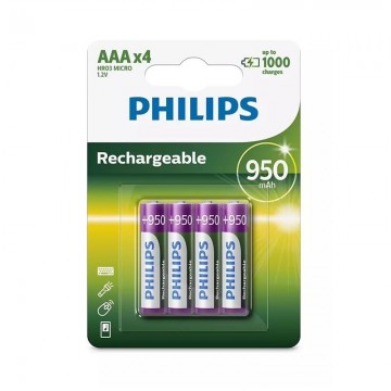 Pacote com 4 pilhas AAA Philips R03B4A95/10/ 1,2 V/ recarregáveis PHILIPS - 1