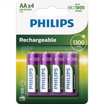 Pacote com 4 pilhas AA Philips R6B4A130/10/ 1,2 V/ recarregáveis PHILIPS - 1