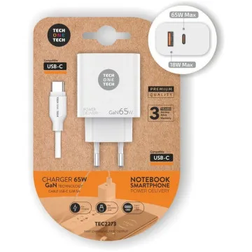 Carregador de parede Tech One Tech GaN PD TEC2273 / 1xUSB tipo C/ 1x USB/ 65W TECH ONE TECH - 1