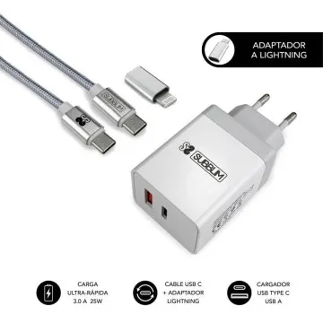 Carregador de parede Subblim SUBCHG-3WPD10/ 1xUSB Tipo-C/ 1xUSB/ Cabo USB Tipo-C + Adaptador Lightning/ 25W/ Branco Subblim - 1