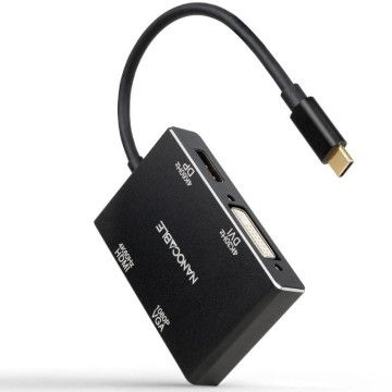 Conversor Nanocable 10.16.4307/ USB Tipo-C Macho - VGA Fêmea/ DVI Fêmea/ HDMI Fêmea/ DisplayPort Fêmea/ 10cm/ Preto NANO CABLE -