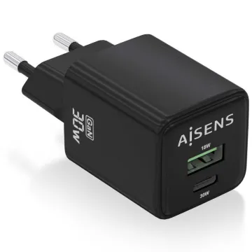 Carregador de parede Aisens Gan ASCH-30W2P038-BK/ 1xUSB Tipo-C/ 1xUSB/ 30W AISENS - 1