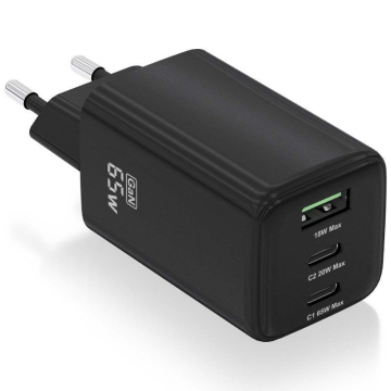 Carregador de parede Aisens Gan ASCH-65W3P042-BK/ 2xUSB Tipo-C/ 1xUSB/ 65W AISENS - 1