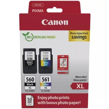 Cartucho de tinta Canon original PG-560XL + CL-561XL Multipack de alta capacidade / preto / tricolor + papel fotográfico CANON -