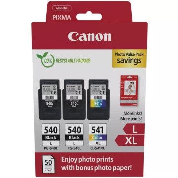 Cartucho de tinta Canon original PG-540L + CL-541 XL Multipack de alta capacidade / 2x preto / tricolor + papel fotográfico CANO