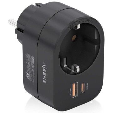 Plugue Aisens ASPS-1A1C07-BK/ 1 tomada elétrica/ 1 USB tipo C PD/ 1 USB/ preto AISENS - 1