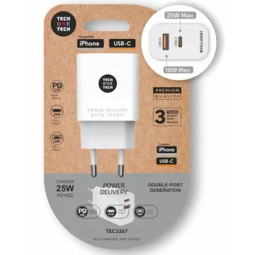 Carregador de parede Tech One Tech TEC2267/ 1xUSB Tipo-C/ 1xUSB/ 3A/ Branco TECH ONE TECH - 1