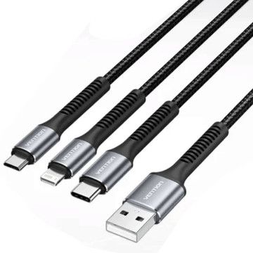 Cabo Lightning USB Tipo-C Vention H18BAV/ USB Tipo-C Macho/ Lightning Macho - MicroUSB Macho - USB Macho/ 1,2m/ Preto VENTION - 