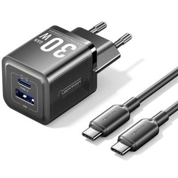 Carregador de parede Gan Vention TZ-FEQB0-EU-01/ 1xUSB Tipo-C/ 1xUSB + Cabo USB Tipo-C/ 30W VENTION - 1