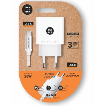 Carregador de parede Tech One Tech TEC2266/ 1xUSB Tipo-C + Cabo USB Tipo-C/ 3A/ Branco TECH ONE TECH - 1