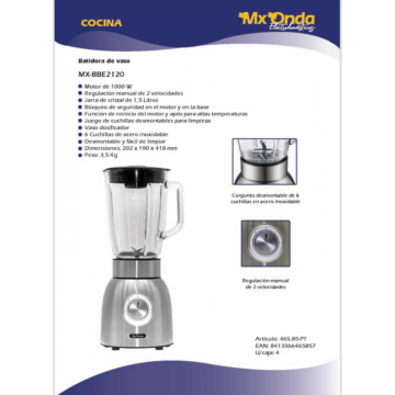 BATER. MXONDA MXBBE2120 INOX VIDRO 1.05L 1000W MXONDA - 1