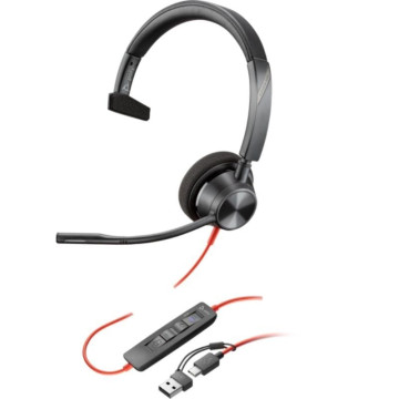 Fone de ouvido Poly Blackwire 3310 para Microsoft Teams + adaptador USB-C/A/ com microfone/ USB tipo C/ preto  - 1