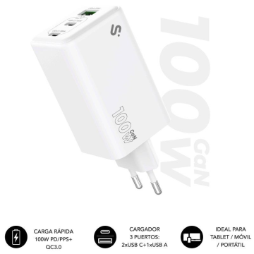 Carregador de parede GaN Subblim 100W USB C+C+A/ 2xUSB Tipo C/ 1xUSB/ 100W Subblim - 1