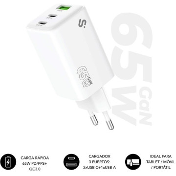 Carregador de parede GaN Subblim 65W USB C+C+A/ 2xUSB Tipo C/ 1xUSB/ 65W Subblim - 1