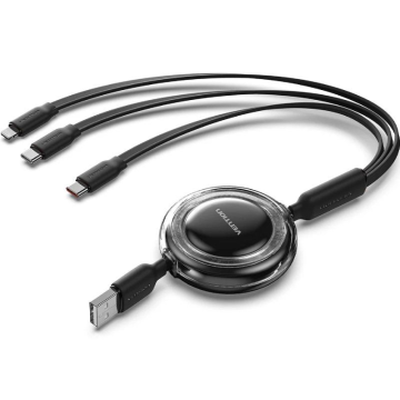 Cabo USB retrátil Vention TRJBBE/ USB macho - Lightning/ 2xUSB tipo C/ até 17,5 W/ 10 Gbps/ 1,1 m/ preto VENTION - 1
