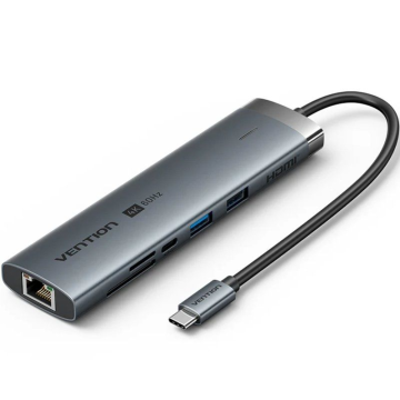 Vention TGVHB USB Tipo C 3.2 Hub/ 2xUSB/ 1xUSB Tipo C PD/ 1xUSB Tipo C/ 1xRJ45/ 1xLeitor de Cartão/ 1x3.5mm Jack/ 1xHDMI/ 15cm V