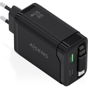 Carregador de parede Aisens GaN ASCH-65W3P071-BK/ 1xUSB Tipo-C/ 1xUSB/ 65W/ Preto AISENS - 1