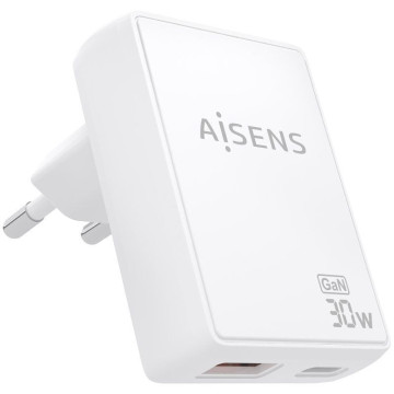 Carregador de parede Aisens GaN ASCH-30W2P074-W/ 1xUSB Tipo-C/ 1xUSB/ 30W/ Branco AISENS - 1