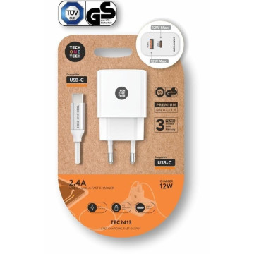 Carregador de parede Tech One Tech TEC2413/ 1x USB Tipo C/ 1x Cabo USB + USB Tipo C/ 12 W/ Branco TECH ONE TECH - 1