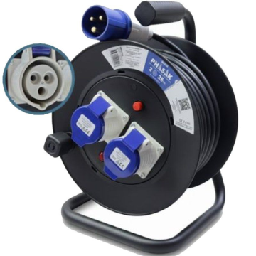 Régua de tomadas retrátil industrial Phasak BN 3475/2 com 2 pinos e plugue TT / Cabo de 25 m / Preto e azul PHASAK - 1