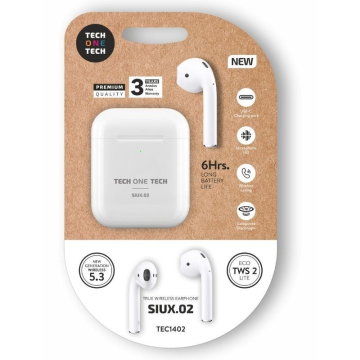 Fones de ouvido Bluetooth Tech One Tech SIUX.2 TEC1402 / com estojo de carregamento / 6 horas de duração da bateria / Branco TEC