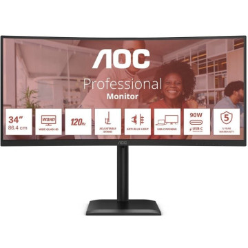 Monitor profissional curvo ultrawide AOC CU34E4CV de 34" / WQHD / Multimídia / Altura ajustável / Preto AOC - 1