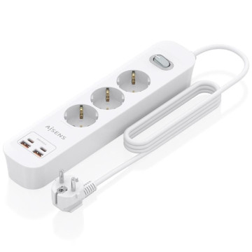 Régua de tomadas Aisens ASPS-2A2C10-W com interruptor / 3 tomadas / 2 portas USB - 2 portas USB tipo C / Cabo de 1,4 m / Branca 