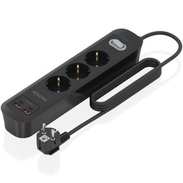 Régua de tomadas Aisens ASPS-2A2C11-BK com interruptor / 3 tomadas / 2 portas USB - 2 portas USB tipo C / Cabo de 1,4 m / Preta 