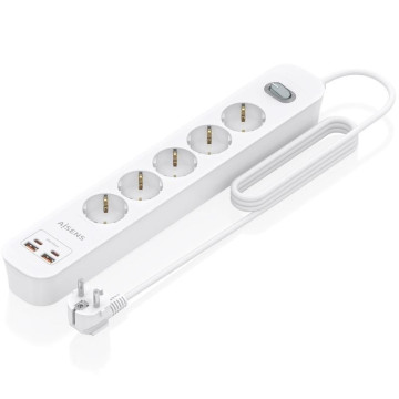 Régua de tomadas Aisens ASPS-2A2C14-W com interruptor / 5 tomadas / 2 portas USB - 2 portas USB tipo C / Cabo de 1,4 m / Branca 