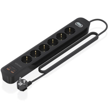 Régua de tomadas Aisens ASPS-2A2C17-BK com interruptor / 6 tomadas / 2 portas USB - 2 portas USB tipo C / Cabo de 1,4 m / Preta 