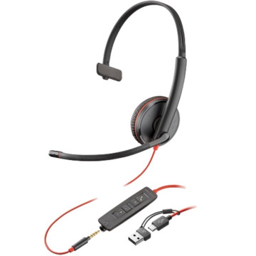 Fone de ouvido Poly Blackwire 3215 + Adaptador USB-C/A com microfone/conector de 3,5 mm/preto  - 1