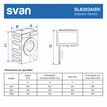 Máquina de Lavar Roupa SVAN SL8203AIDV 8Kg 1200rpm Branca Classe A SVAN - 6