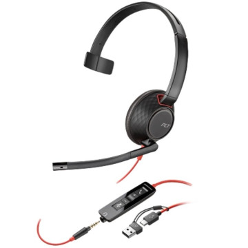 Fone de ouvido Poly Blackwire 5210 + Adaptador USB-C/A com microfone/conector de 3,5 mm/Preto  - 1