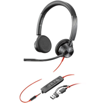 Fones de ouvido Poly Blackwire 3325 + Adaptador USB-C/A com microfone/conector de 3,5 mm/Preto  - 1