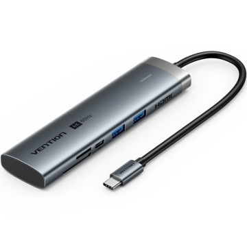 Docking USB Type-C Vention TPSHB/ 1xHDMI 4K/ 2xUSB/ 2xUSB Type-C/ 1xRJ45/ 1xUSB Type-C PD/ 1xLeitor de Cartões/ Cinza VENTION - 