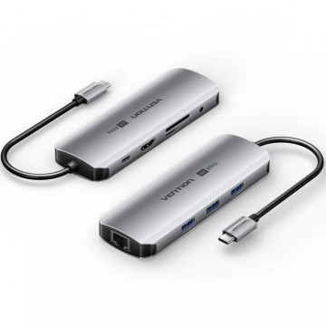 Docking Vention TQLHB USB Type-C/ 1xHDMI 4K/ 3xUSB/ 1xUSB Type-C PD/ 1xRJ45/ 1xConector de 3,5 mm/ 1xLeitor de Cartões/ Cinza VE